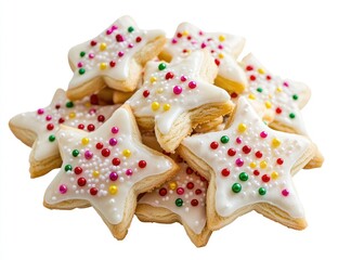Pile of star-shaped cookies, frosted and decorated with colorful sprinkles