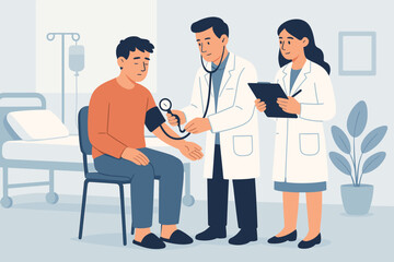 Medical checkup in hospital room, patient sitting on chair having blood pressure measured by doctor, nurse recording results, healthcare team routine examination, clinical care concept