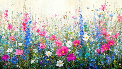A vibrant colorful floral pattern featuring a mix of blooming wildflowers blossoms