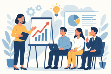 Office staff training seminar with businesswoman presenting sales growth analytics, teamwork brainstorming, skill development, company data analysis, modern flat vector illustration, corporate meeting