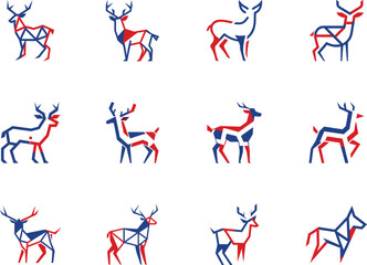 Collection of twelve reindeer poses styled with geometric shapes using red and blue on white