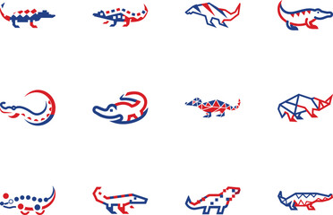 Collection shows stylized reptiles with red and blue patterns against a transparent background