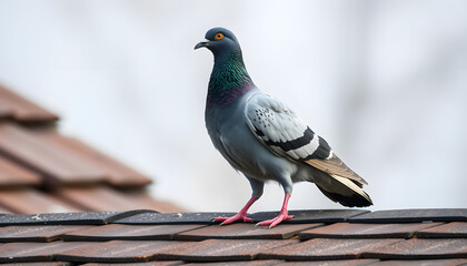 full body of speed racing pigeon bird standing on home roof, blurry foreground. White tone