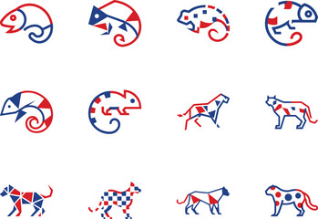 Twelve animal outline symbols exhibit a blue and red color scheme against a white background