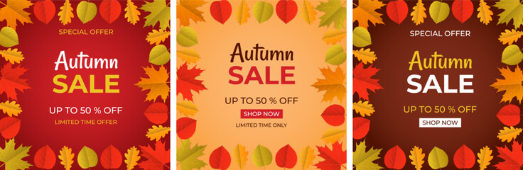 Autumn Sale up to 50 percent. Set of square posters, banners for social networks. Vector illustration.