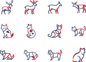 Blue and red outline of stylized deer and cat icons appear on white