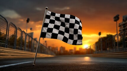 Checkered flag waves at sunset on a wet race track signaling the end of a competition