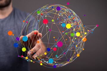 Abstract image of a global network. Colorful dots and lines represent connections.