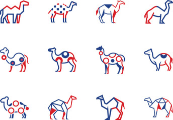 Twelve dromedary camel icons show red and blue color variations against a transparent backdrop