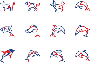 Creative red and blue animal icons show two dogs and several stylized dolphins