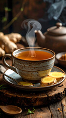Steaming ginger and honey tea in rustic stoneware mug with fresh ginger slices