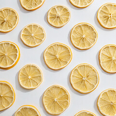 Fototapeta premium Dried lemon slices are arranged on a white surface creating a natural food pattern and visual texture.