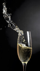 Splash of champagne erupts from glass against black background, capturing effervescence and excitement of celebration