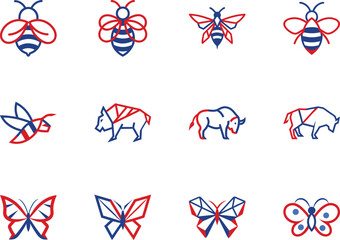 Bees and bison with butterflies in blue and red line style sit on white