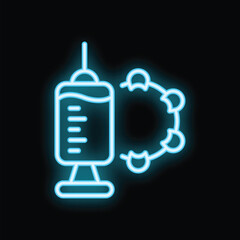 Neon blue syringe injecting a virus, illustrating concepts of vaccination, disease control, and healthcare
