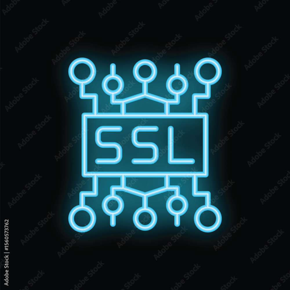 Poster Neon blue icon glowing on a black background representing ssl secure socket layer encryption