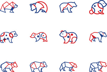 Collection of twelve bear icons with blue and red lines, various shapes present, transparent background