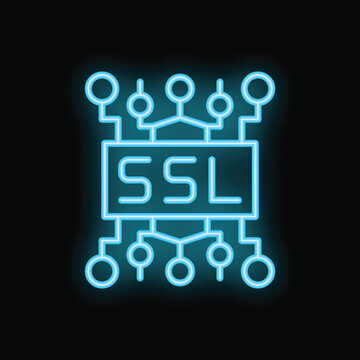 Neon blue icon glowing on a black background representing ssl secure socket layer encryption