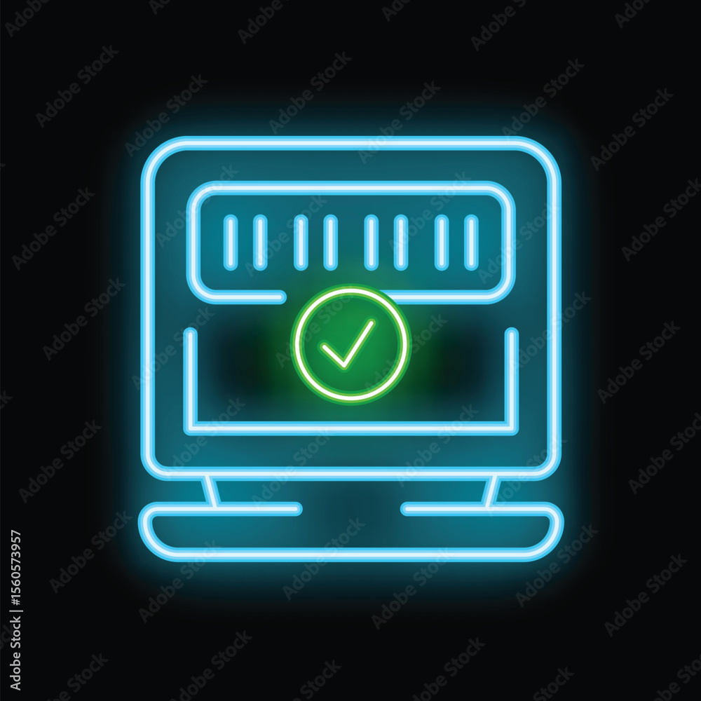 Poster glowing blue neon icon of a computer showing a progress bar loading with a green check mark symbol o