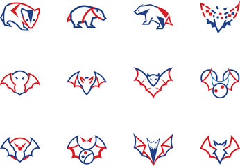 Several abstract red and blue animal and bat logo icons are neatly arranged over white