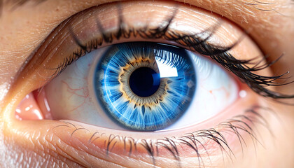 Fototapeta premium Azure Gaze: A close-up shot of an eye with a radiant blue iris, showing the intricate details of the human eye and the captivating beauty of human perception.