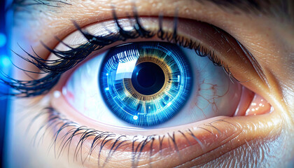 Fototapeta premium Cybernetic Gaze: A captivating close-up showcases a technologically enhanced eye, its iris and surrounding structures imbued with a vibrant, futuristic aesthetic.