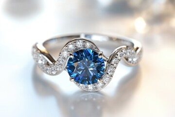 Elegant,  sapphire ring,  white metal,  diamond accents