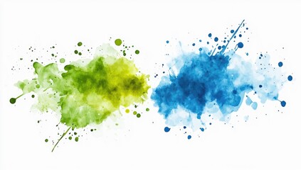 Obraz premium Abstract watercolor splatter art. Two vibrant clusters of color?green-yellow and blue?on a white background. Distinct splatter textures and soft blended edges