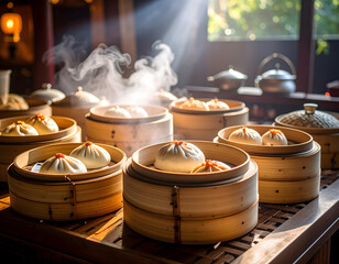 Steaming Chinese buns in bamboo steamers with sunlight filtering through, creating warm ambiance