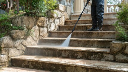 Cleaning stone staircase with pressure washer in outdoor garden during daytime