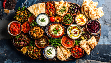 Vibrant platter of Turkish meze with various dips, breads, and olives arranged beautifully. colorful assortment creates delightful visual feast