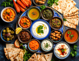 Vibrant platter of Turkish meze with various dips, breads, and olives arranged beautifully. colorful presentation is inviting and appetizing