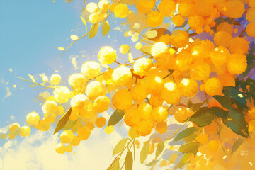 A minimalist nature illustration of a mimosa branch with delicate yellow blossoms swaying gently in the breeze, serene and softly flowing