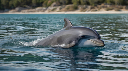 Fototapeta premium Ai A curious dolphin swims close to the shore