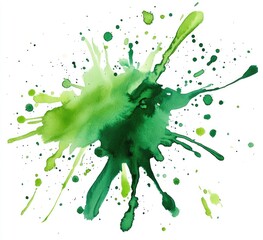 Abstract splatter of vibrant green and yellow watercolor paint on white background