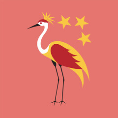Red Crowned Crane With China Flag Vector