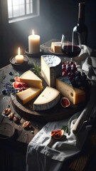 Rustic platter of artisan cheeses and charcuterie with wine and candles creates cozy atmosphere