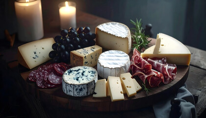 Realistic platter of French cheese and charcuterie with artisan cheeses, grapes, and candles creates cozy atmosphere