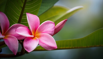 Fototapeta premium pink plumeria flower on a branch with green leaves