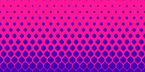 Abstract geometric pattern with halftone effect, fading shapes, leaves, drops, mesh, grid. Horizontally seamless background. Extreme sport style vector texture. Bright pink and purple color design