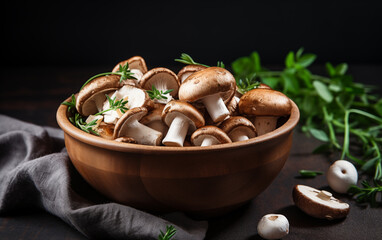 Fototapeta premium A rustic bowl overflowing with fresh mushrooms and sprigs of green herbs