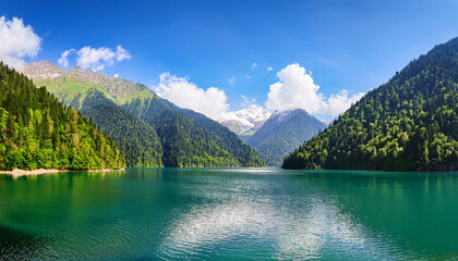 lake ritsa panoramic summer view beautiful summer nature landscape of lake ritsa in abkhazia caucasus mountains and ritsa lake waters background wallpaper