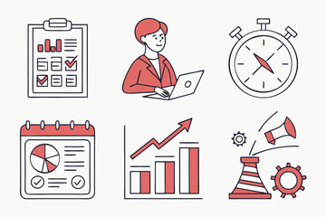 Set of 16 Management Icons Planning Charts and Business Concepts Illustration
