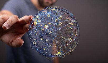 Abstract image of a person connecting with a global network, representing communication,...
