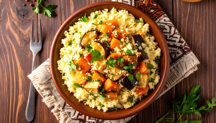 Bowl of Moroccan couscous with roasted vegetables, garnished with fresh parsley, sits on wooden table, creating warm and inviting scene