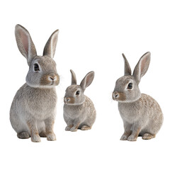 3D Modeled Rabbit Set, trio of 3D-modeled rabbits, each in a different pose, isolated on transparent background
