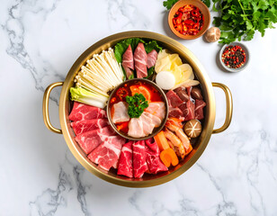 Vibrant Chinese hot pot with assorted ingredients including meats, vegetables, and mushrooms, beautifully arranged in golden pot on marble surface
