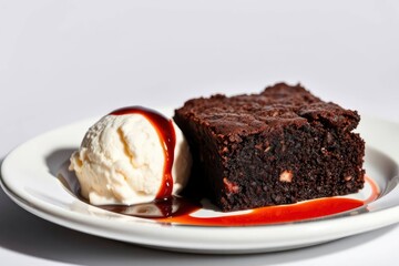 A brownie and a scoop of ice cream are arranged on a white plate topped with a drizzle of sauce