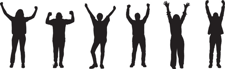 Vector; silhouette of a group of people standing and arms up