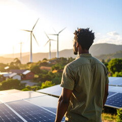 Person stands at edge of green community, watching wind turbines and solar panels at sunset